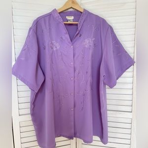 Roamans Womans Size 3X Purple Lilac Front Button Blouse Short Sleeve